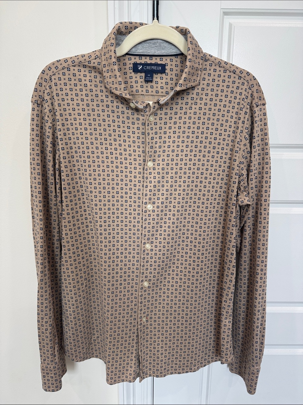 Cremieux Men’s Tan & Blue Pattern Button-up Collared Shirt, 100% Cotton, size M